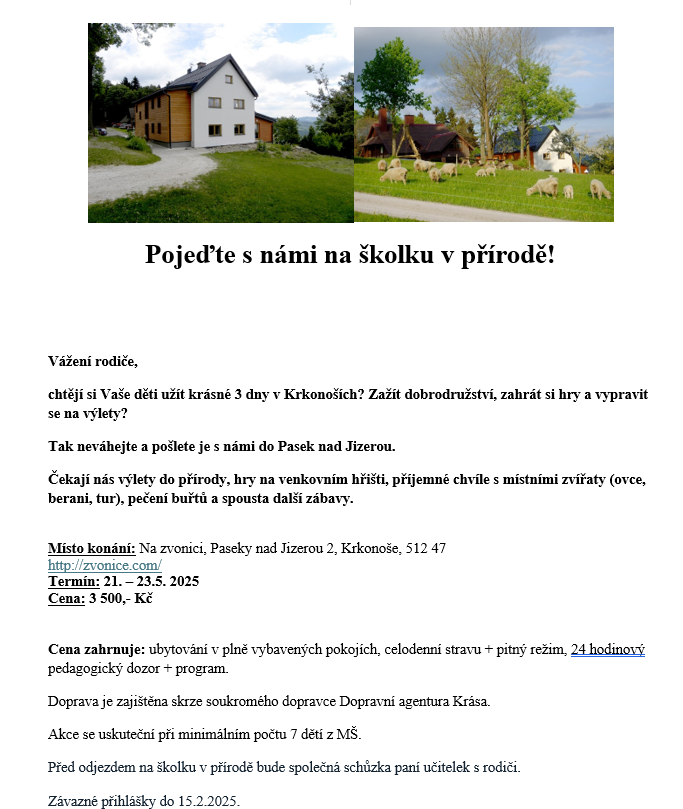 Školka v Přírodě - Paseky nad Jizerou 21.5.-23.5.2025